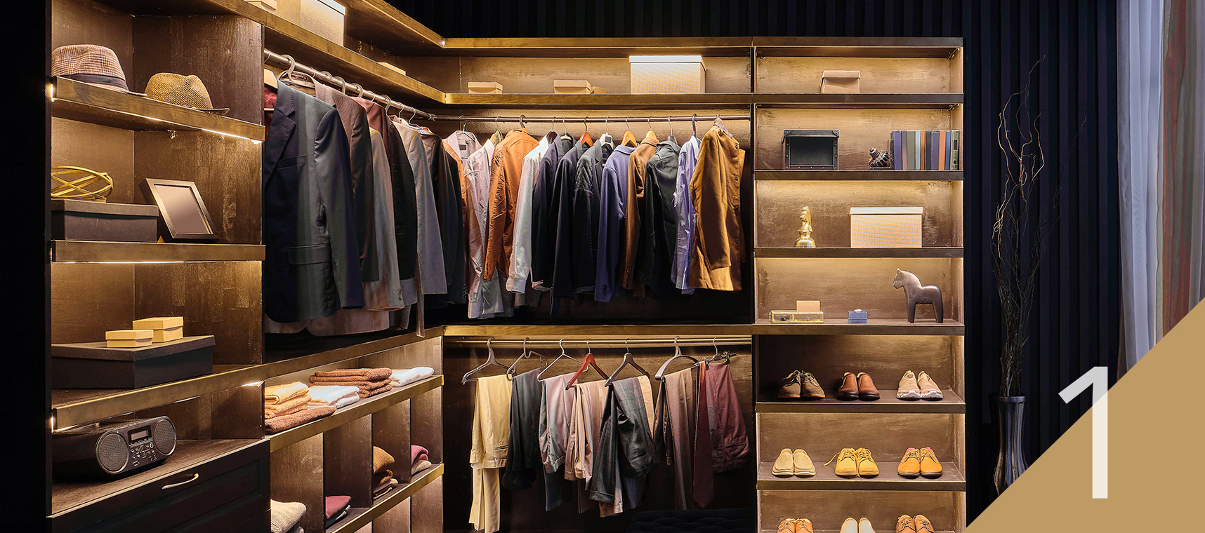 Wardrobe showing a selection of outfits and accessories, as an analogy for the different types of financial instruments available.