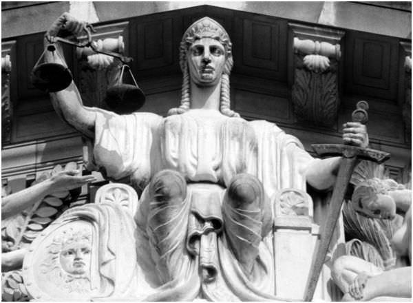 black and white justice statue