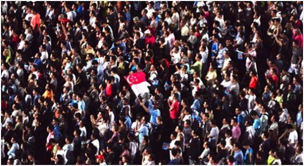 crowded people with Singapore flag