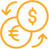 orange euro and dollar coins with arrows icon