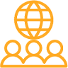 three orange people with a globe above them icon