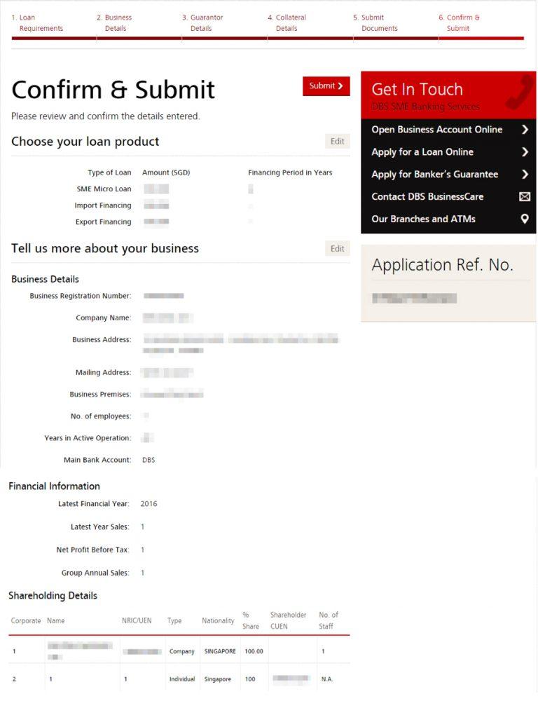 confirm and submit page for loan product application