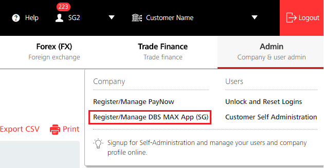 register/manage dbs max app