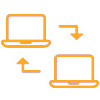 two orange laptops with arrows pointing to each other