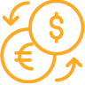 Two coins, with a Dollar sign and Euro sign being exchanged