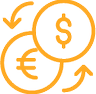 Two coins, with a Dollar sign and Euro sign being exchanged