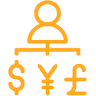 A man standing above Dollar, Yen and Euro signs