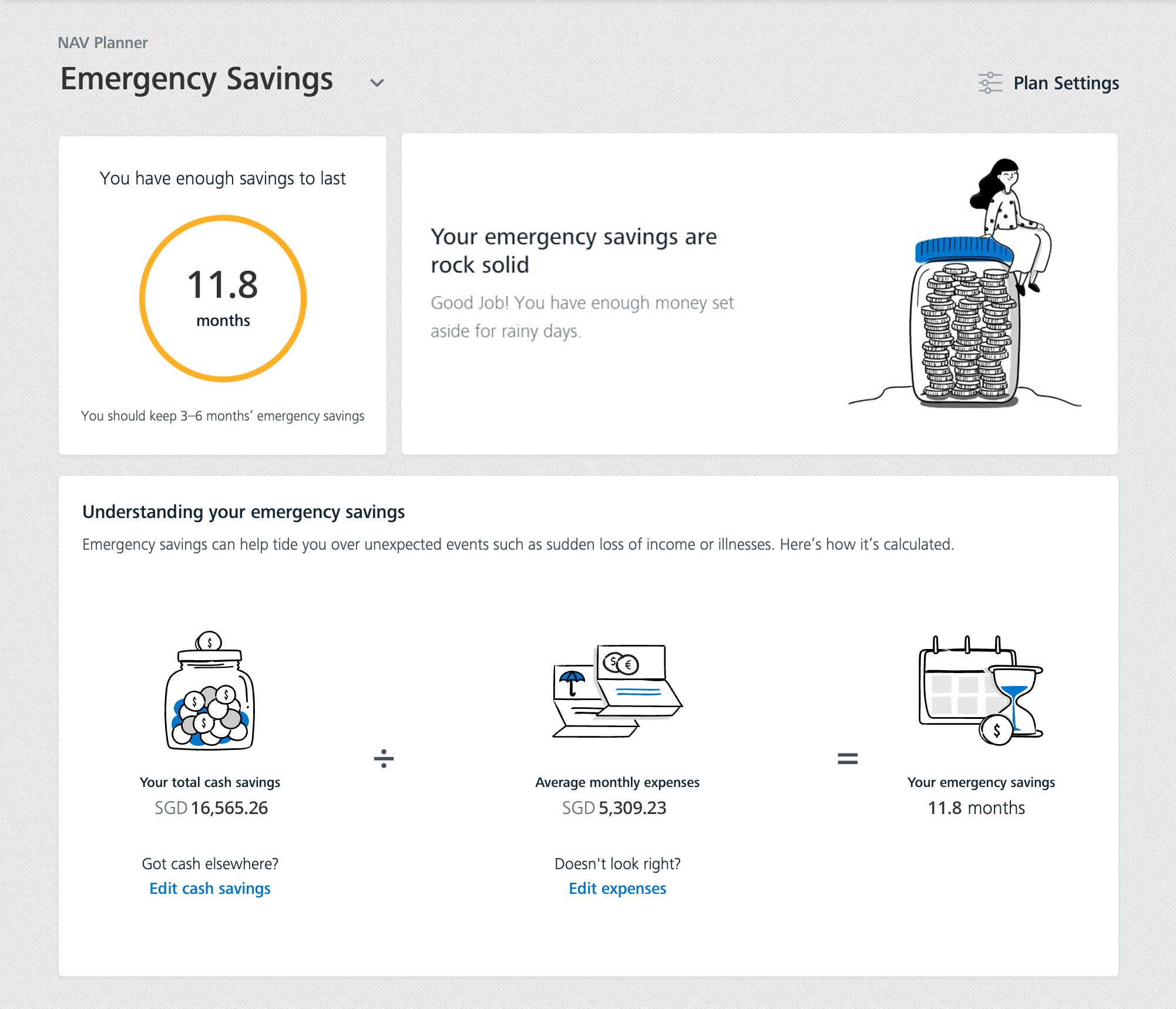 Screenshot of POSB NAV Planner showing if you have enough emergency savings.