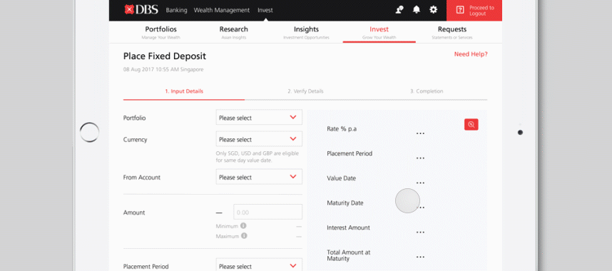 Step 2: Select your portfolio and currency of choice, input your desired amount and maturity instructions.
