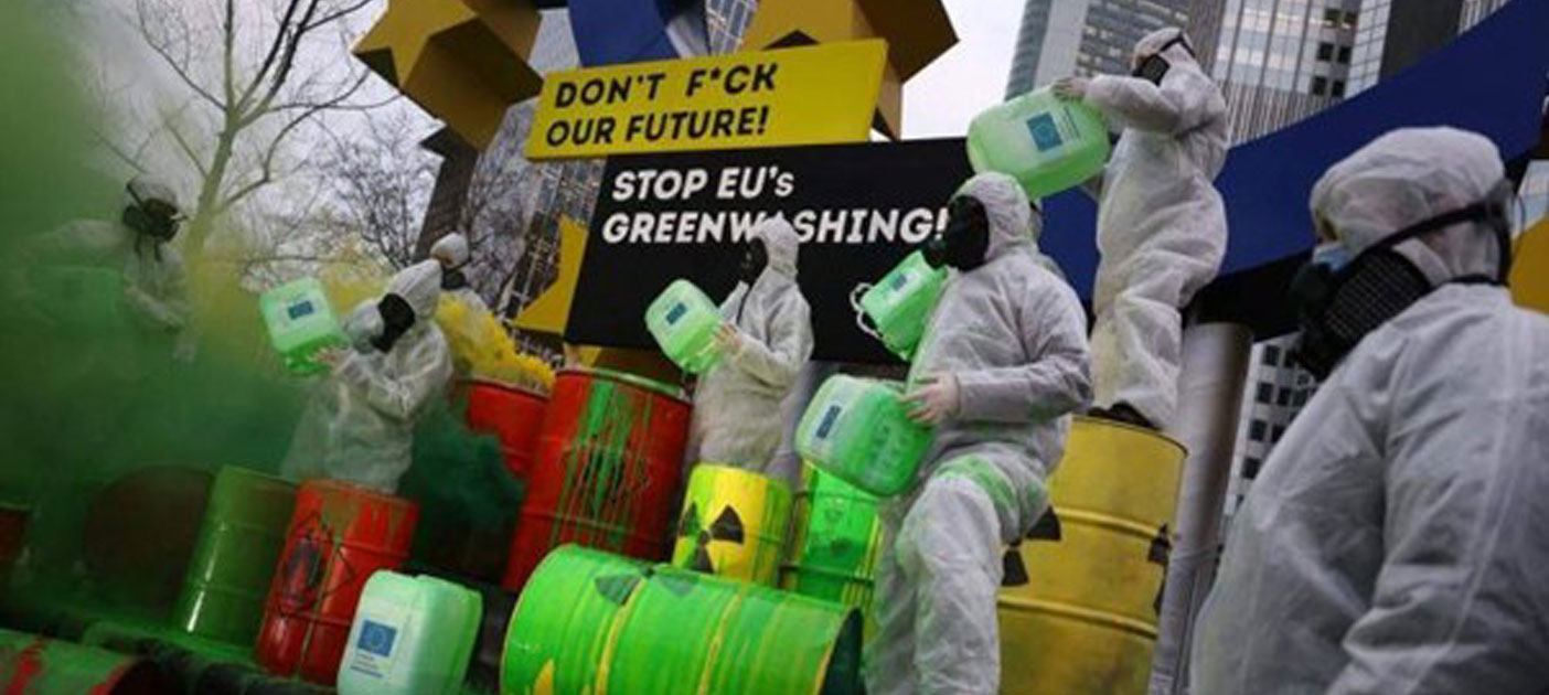 Demonstrators protesting against the greenwashing of nuclear energy and gas through the taxonomy of the European Union (EU) in Frankfurt, Germany. The EU has launched new rules on corporate sustainability reporting, which include more detailed reporting on issues such as environmental rights.