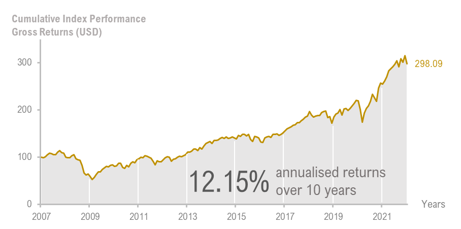 Stock prices of large and medium-sized companies in developed markets over the past 10 years, based on the MSCI World Index.