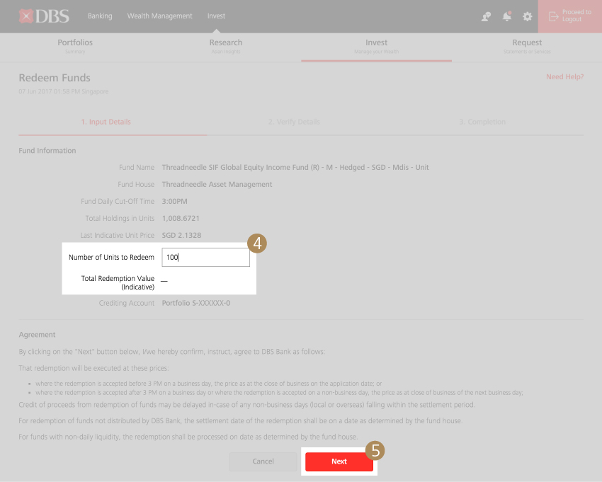 Redeem Funds - Step 4, 5