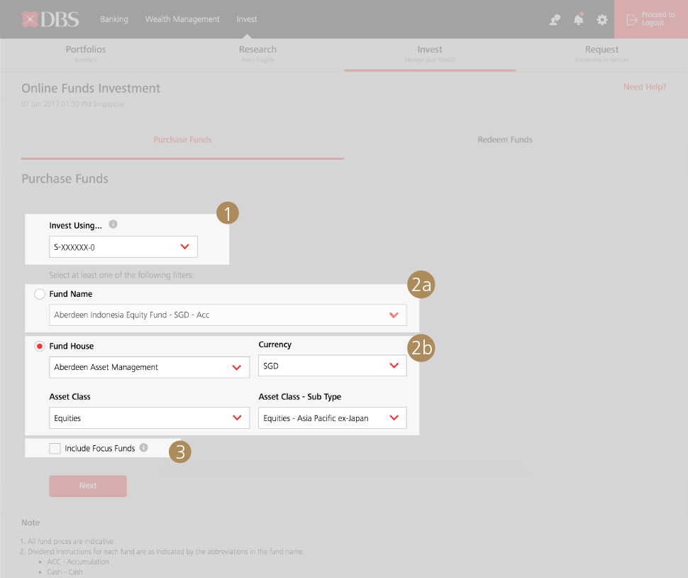 Purchase Funds/Funds Search - Step 1, 2, 3