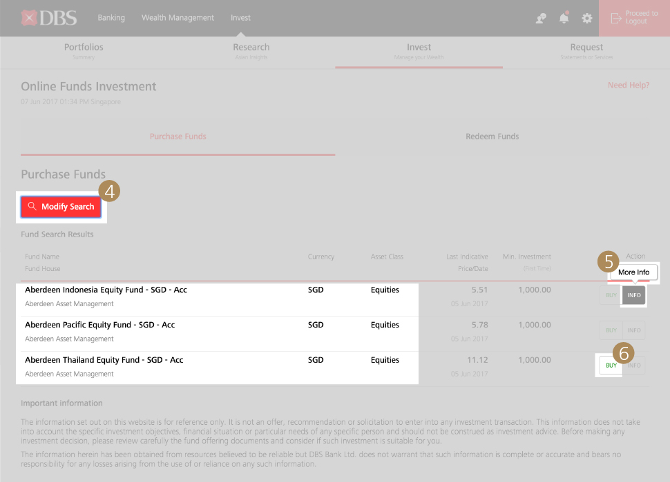 Purchase Funds/Funds Search - Step 4, 5, 6