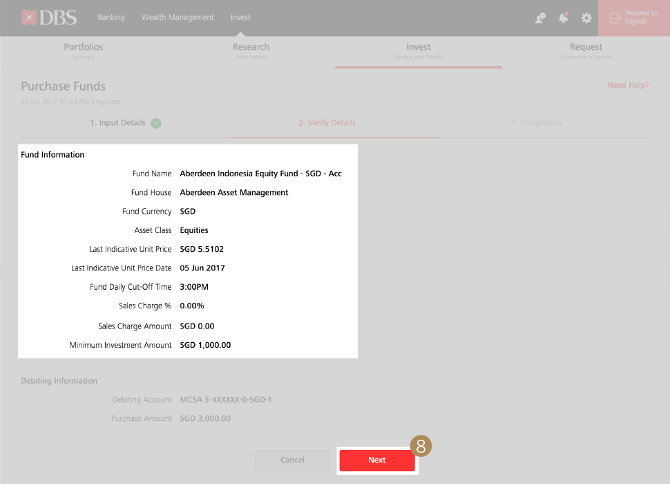 Purchase Funds/Funds Search - Step 8