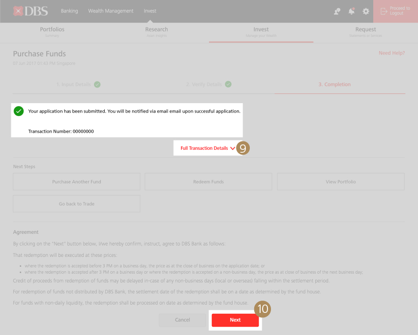 Purchase Funds/Funds Search - Step 9, 10