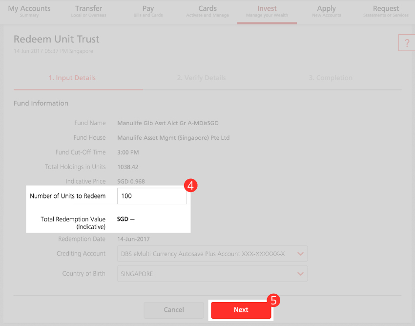 Redeem Funds - Step 4, 5