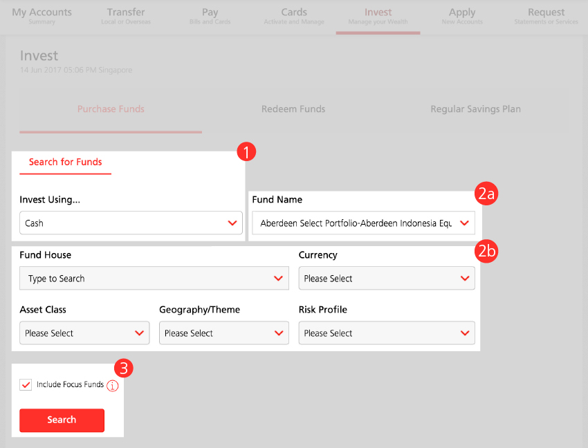 Purchase Funds/Funds Search - Step 1, 2, 3