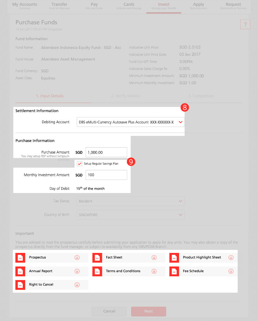 Purchase Funds/Funds Search - Step 8, 9