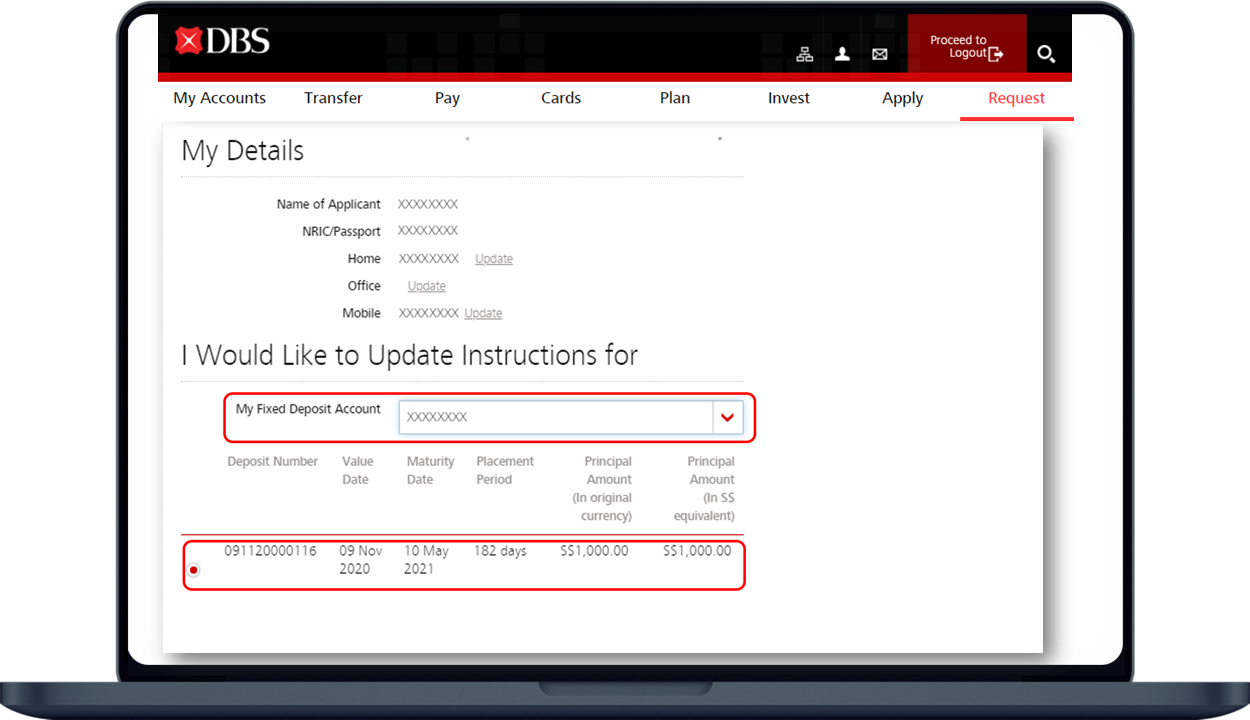 select FD account and deposit number