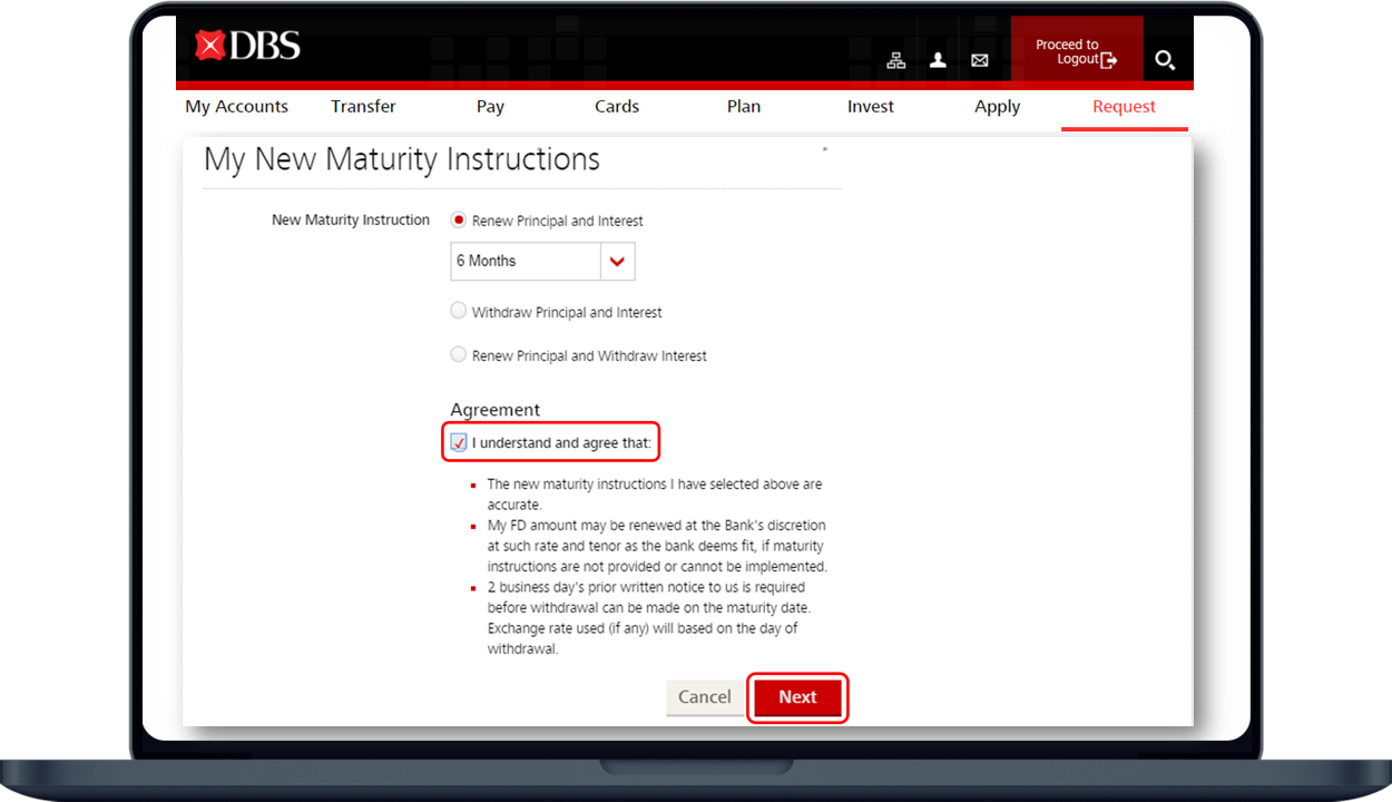 select new fd maturity and instructions