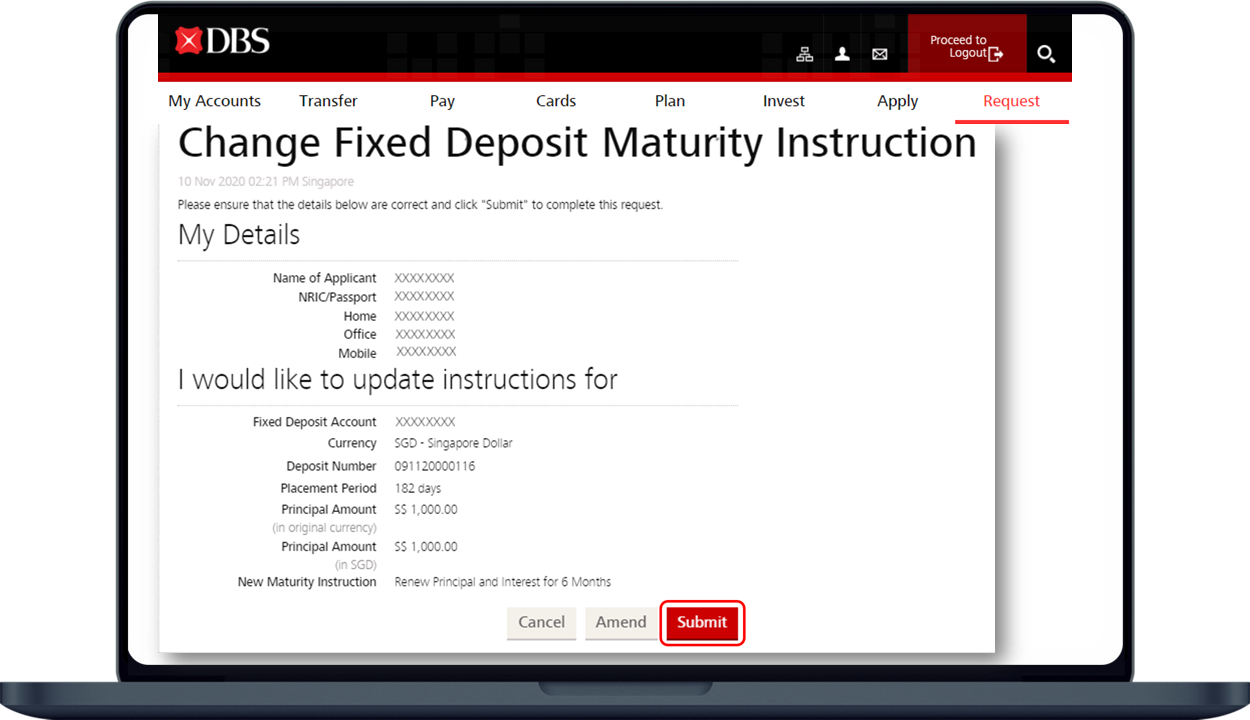 Change Fixed Deposit Maturity Instructions DBS Singapore