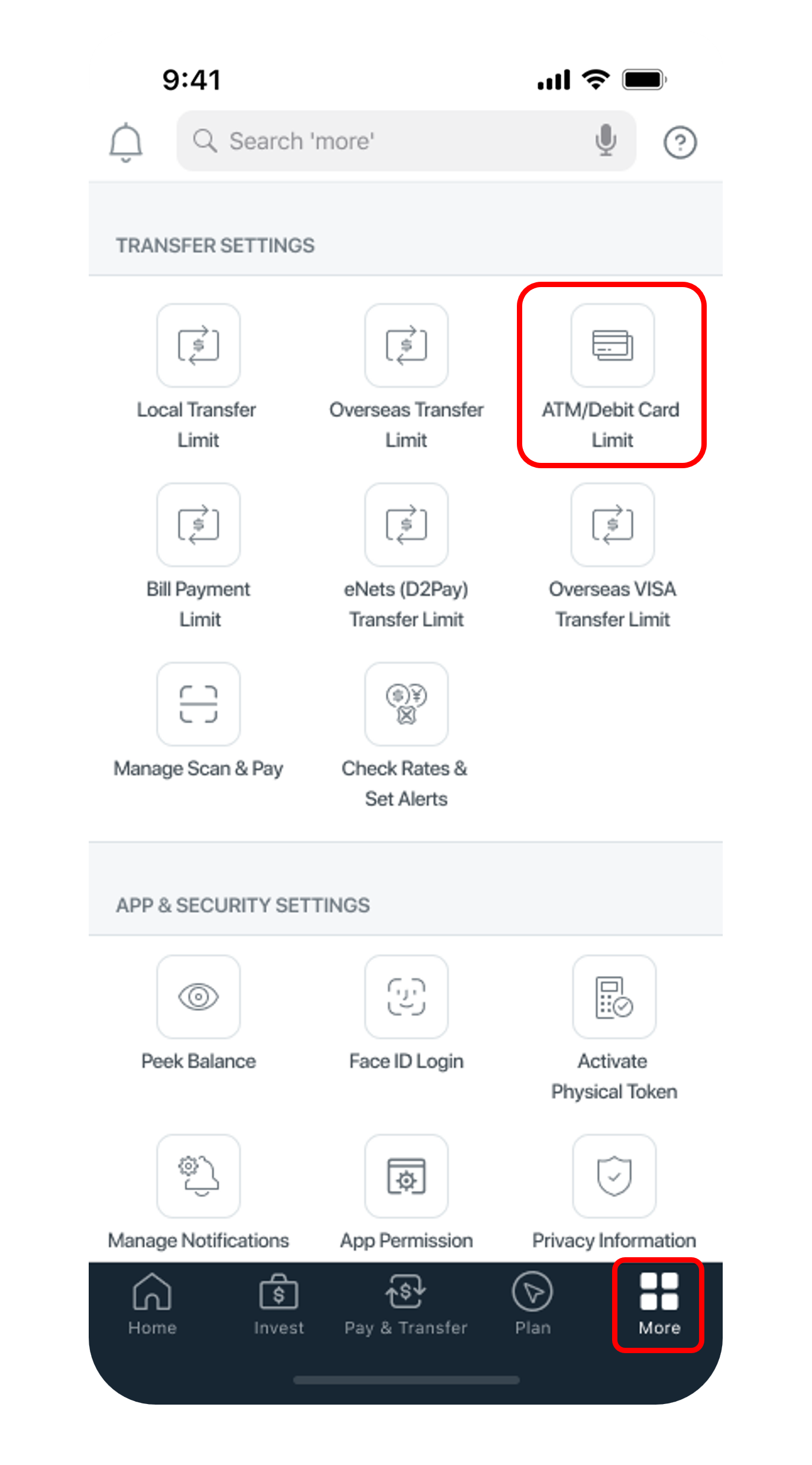 transfer setting menu