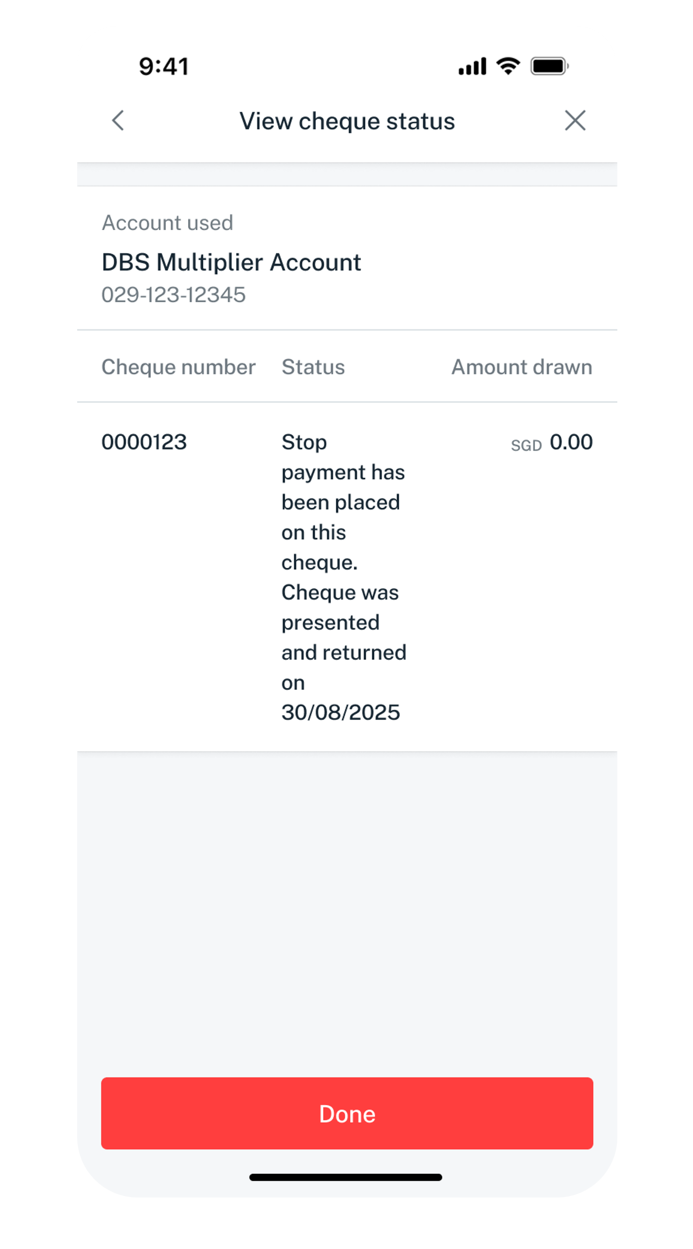 cheque details