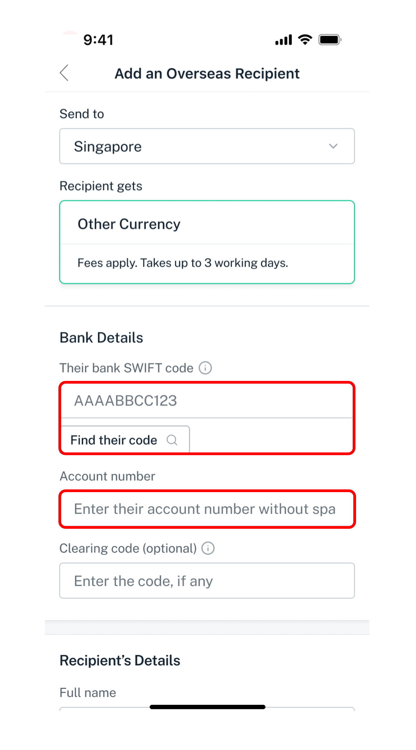 enter swift code
