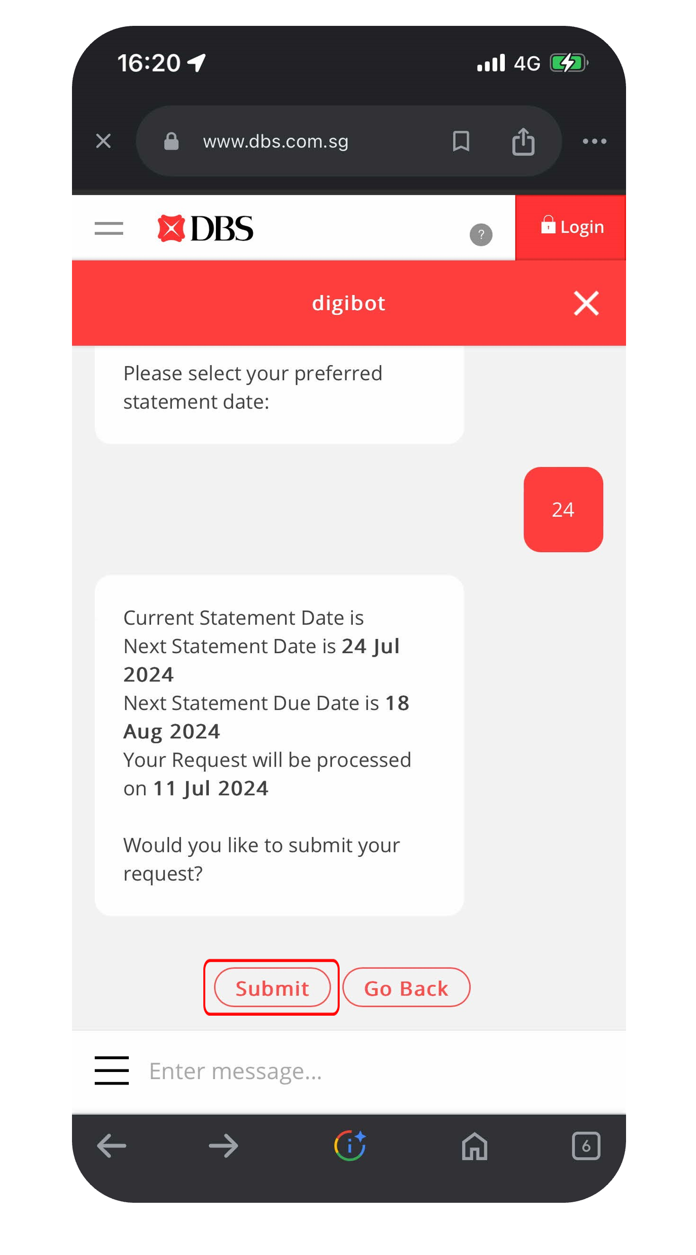 Change Credit Card Billing Cycle DBS Singapore