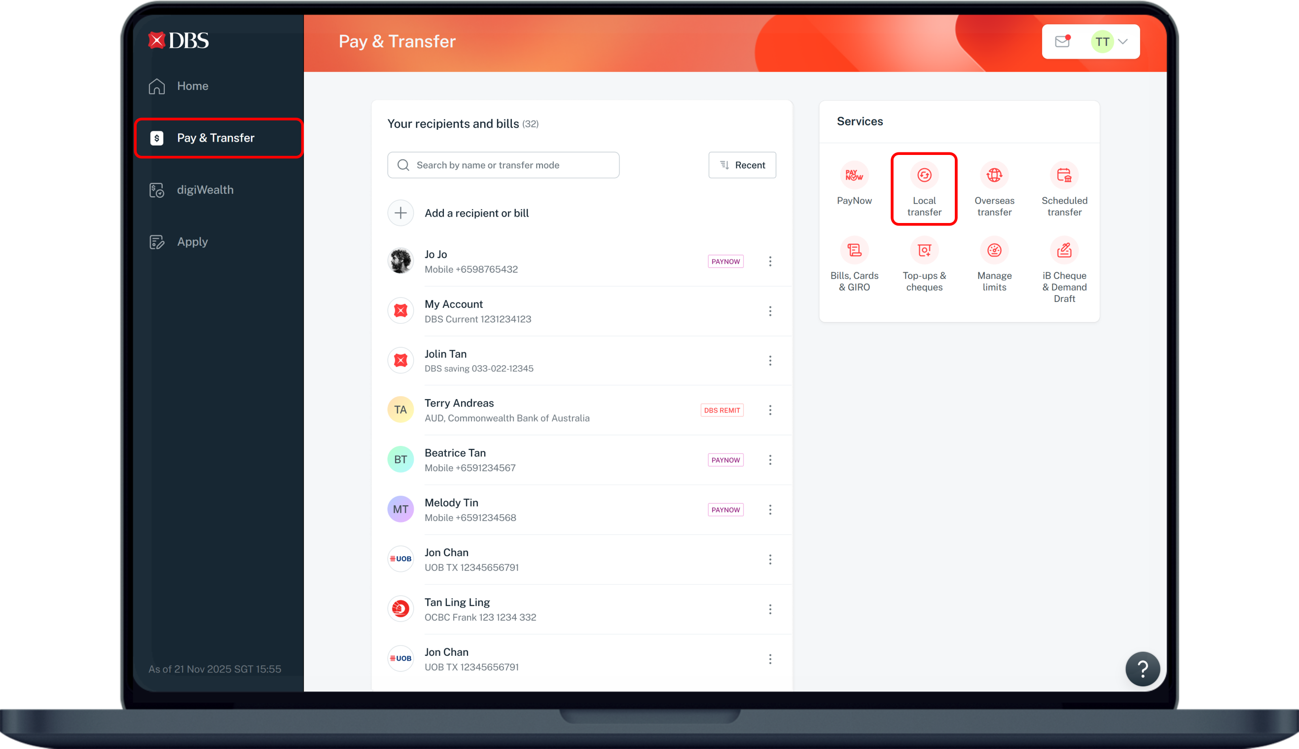pay and transfer dashboard