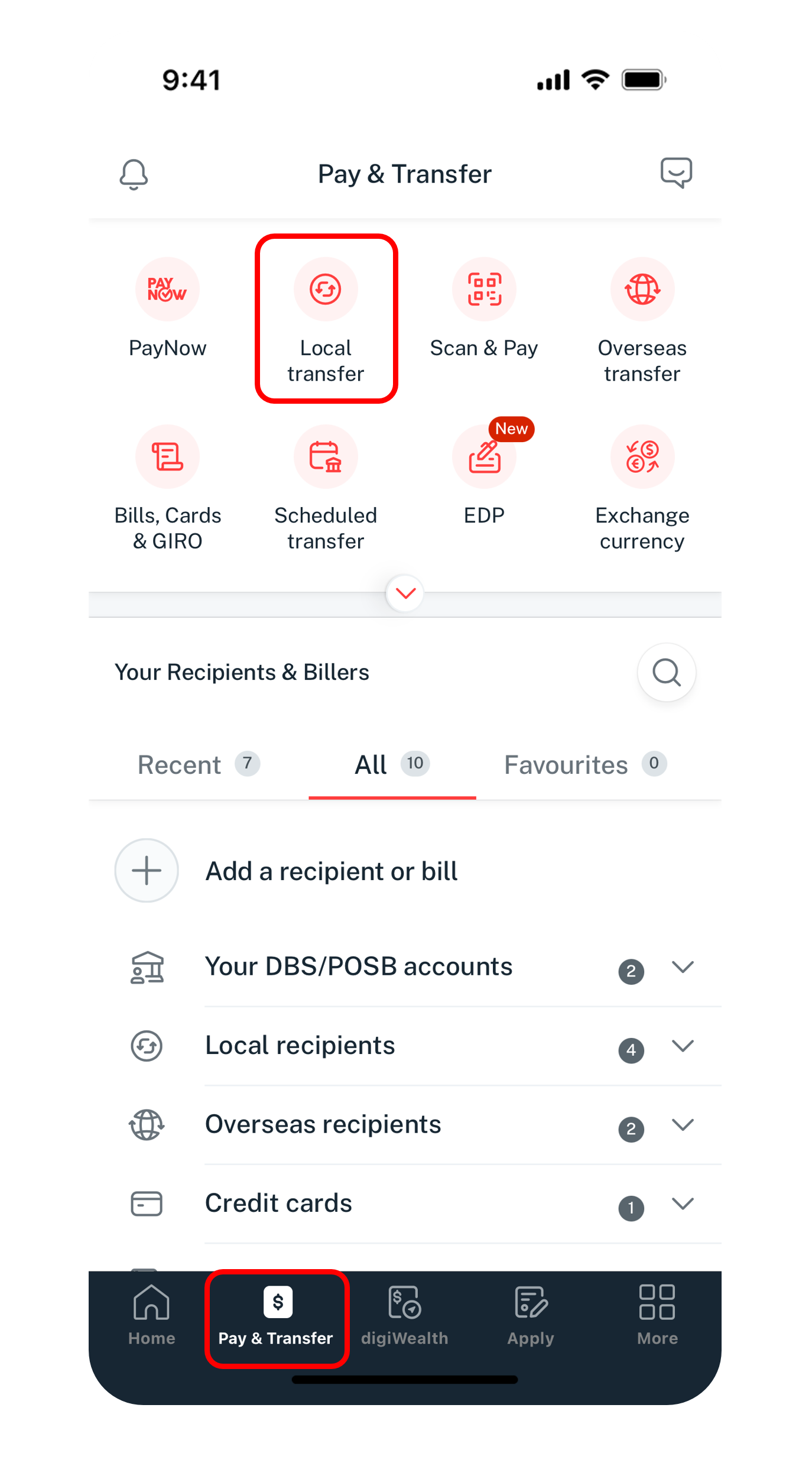pay and transfer dashboard