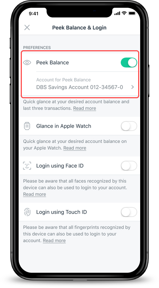 Toggle the Switch to Activate and select the Account for Peek Balance, tap Save.